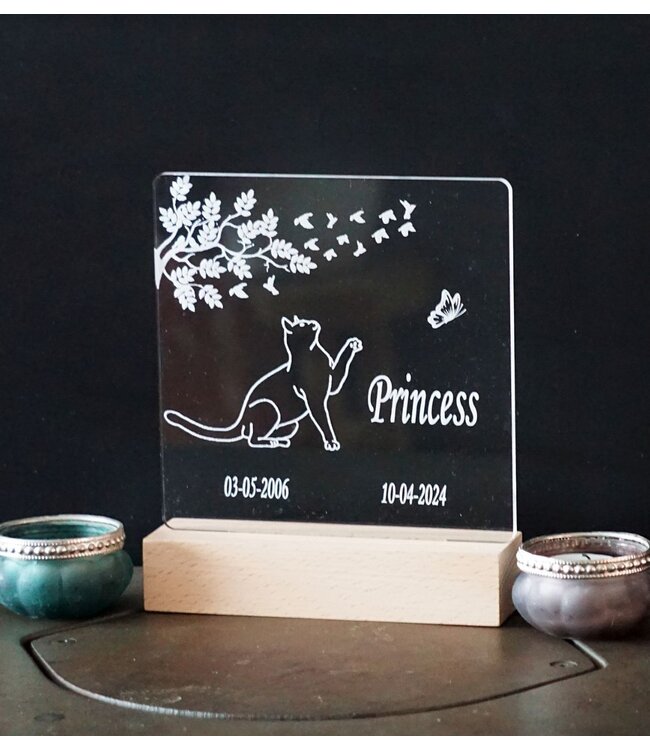Gedenkstuk voor Kat |  Acrylglas met Houder en LED verlichting