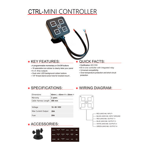 Mini controller 4-functies universeel 12/24v 300cm kabel