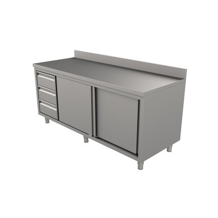 RVS werktafel met schuifdeuren + opstand 3 laden rechts