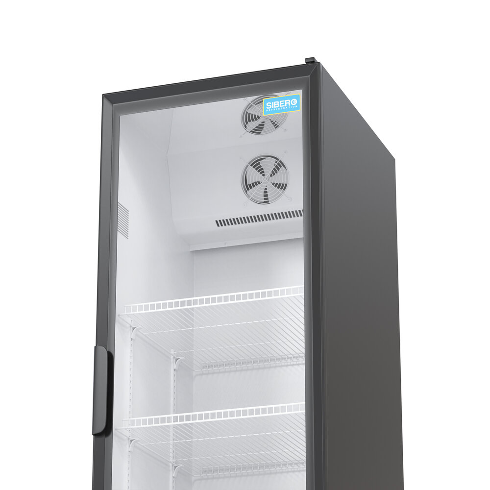 SIBERO Horeca Koelkast 360L – 1 Deurs – Geventileerde Koeling – Glasdeur – Zwart Buiten / Wit Binnen – 580×606×1980 mm