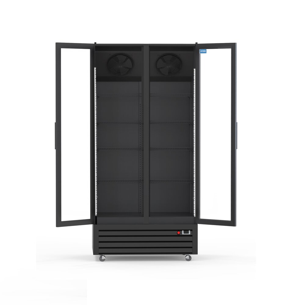 SIBERO 750 Liter 2-Deurs Geventileerde Horeca Display Koelkast – Glasdeuren – Zwart Interieur & Exterieur – 1120×590×1995 mm
