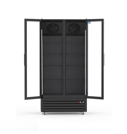 SIBERO 750 Liter 2-Deurs Geventileerde Horeca Display Koelkast – Glasdeuren – Zwart Interieur & Exterieur – 1120×590×1995 mm