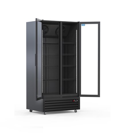 SIBERO Horeca Display Koelkast 750L – 2 Deurs – Geventileerde Koeling – Glasdeuren – Zwart (Binnen & Buiten) – 1120×590×1995 mm
