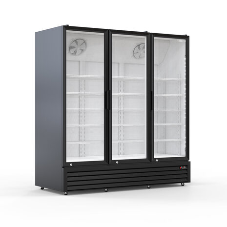 SIBERO Horeca Koelkast 1200L – 3 Deurs – Geventileerd – Glasdeuren – Zwart Buiten / Wit Binnen – 1680×590×1995 mm