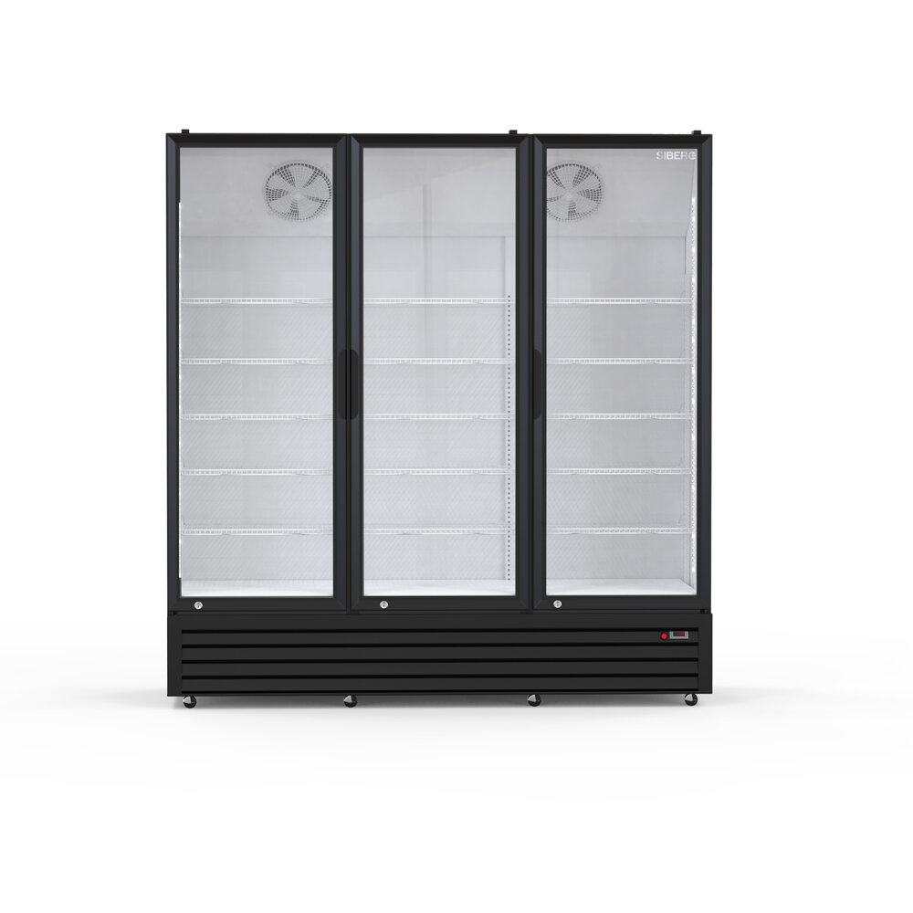 SIBERO Horeca Koelkast 1200L – 3 Deurs – Geventileerd – Glasdeuren – Zwart Buiten / Wit Binnen – 1680×590×1995 mm