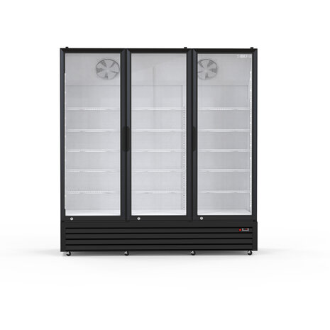 SIBERO Horeca Koelkast 1200L – 3 Deurs – Geventileerd – Glasdeuren – Zwart Buiten / Wit Binnen – 1680×590×1995 mm