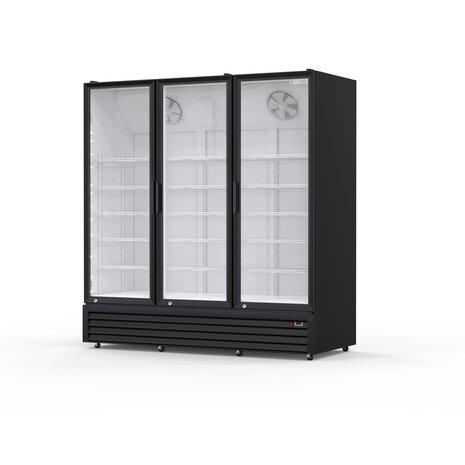 SIBERO Horeca Koelkast 1200L – 3 Deurs – Geventileerd – Glasdeuren – Zwart Buiten / Wit Binnen – 1680×590×1995 mm