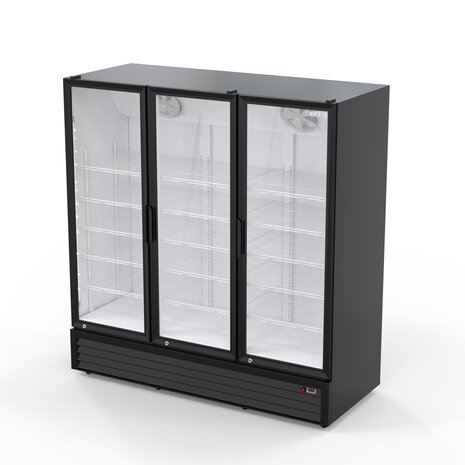 SIBERO Horeca Koelkast 1200L – 3 Deurs – Geventileerd – Glasdeuren – Zwart Buiten / Wit Binnen – 1680×590×1995 mm