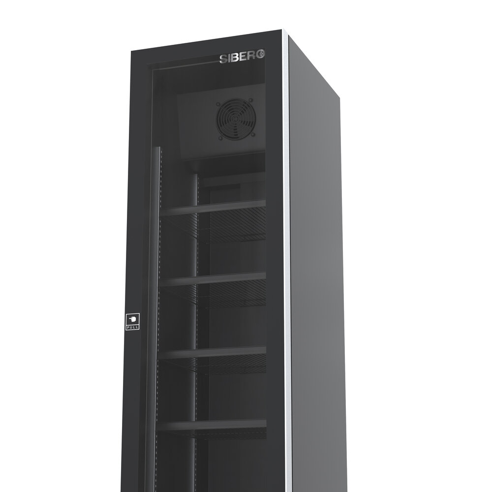 SIBERO Luxe Display Koelkast 220L – 1 Deurs – Geventileerde Koeling – Glasdeur – Zwart (Binnen & Buiten) – 420×485×1880 mm