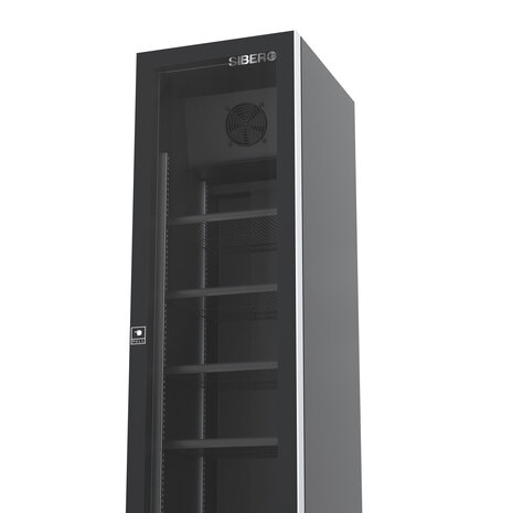 SIBERO Luxe Display Koelkast 220L – 1 Deurs – Geventileerde Koeling – Glasdeur – Zwart (Binnen & Buiten) – 420×485×1880 mm