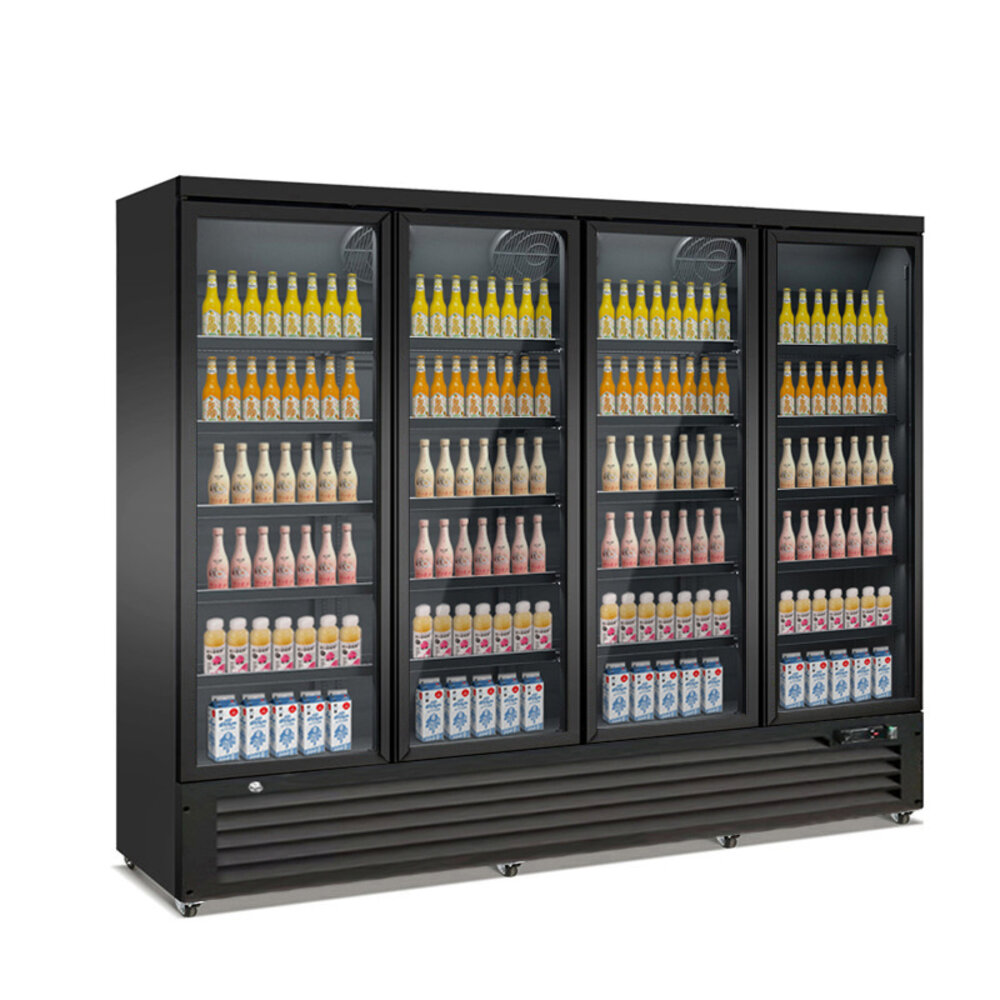 SIBERO Supermarkt Koelkast 2159L – 4 Deurs – Geventileerde Koeling – Glasdeuren – Zwart – 2508×710×2030 mm