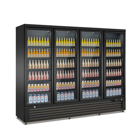 SIBERO 2000 Liter 4-Deurs Geventileerde Supermarkt Koelkast – Zwart Exterieur – Glasdeuren – 2500x705x2050mm – Voor Commerciële Toepassingen SIBERO 2000 Liter 4-Deurs Geventileerde Supermarkt Koelkast – Zwart Exterieur – Glasdeuren – 2500x705x2050mm – Voor Commerciële Toepassingen