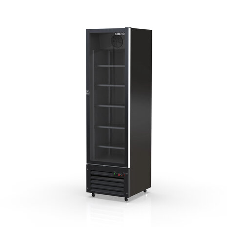 SIBERO 380L Luxe Display Koelkast – 1-Deurs – Geforceerde Koeling – Glasdeur – Zwart Interieur & Exterieur – 540x580x1900mm