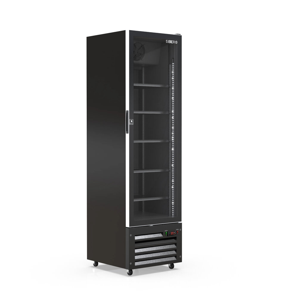SIBERO 380L Luxe Display Koelkast – 1-Deurs – Geforceerde Koeling – Glasdeur – Zwart Interieur & Exterieur – 540x580x1900mm