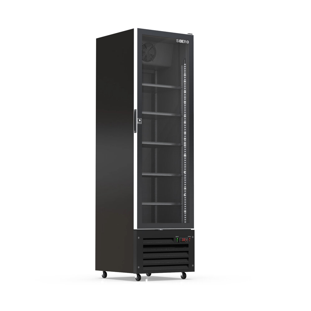 SIBERO 380L Luxe Display Koelkast – 1-Deurs – Geforceerde Koeling – Glasdeur – Zwart Interieur & Exterieur – 540x580x1900mm