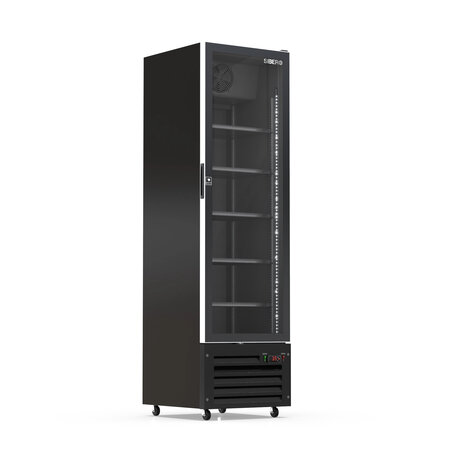 SIBERO 380L Luxe Display Koelkast – 1-Deurs – Geforceerde Koeling – Glasdeur – Zwart Interieur & Exterieur – 540x580x1900mm