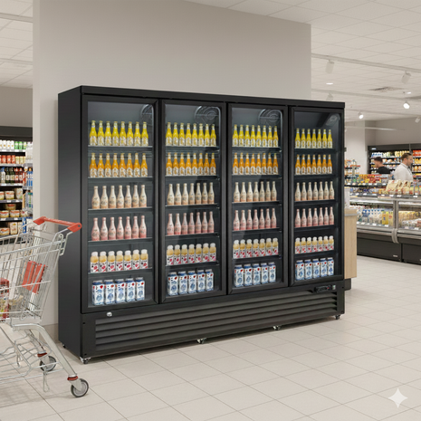 SIBERO Supermarkt Koelkast 2159L – 4 Deurs – Geventileerde Koeling – Glasdeuren – Zwart – 2508×710×2030 mm