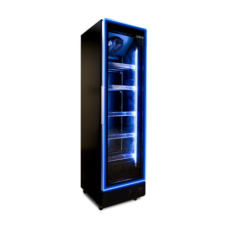 SIBERO Zwarte Horeca Koelkast 380 Liter met Glasdeur en Blauwe LED – Digitaal Temperatuurdisplay