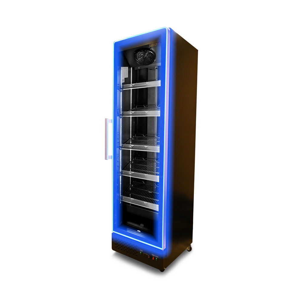 SIBERO Zwarte Horeca Koelkast 380 Liter met Glasdeur en Blauwe LED – Digitaal Temperatuurdisplay