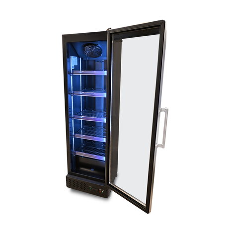 SIBERO Zwarte Horeca Koelkast 380 Liter met Glasdeur en Blauwe LED – Digitaal Temperatuurdisplay