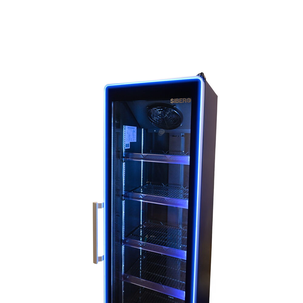 SIBERO Zwarte Horeca Koelkast 380 Liter met Glasdeur en Blauwe LED – Digitaal Temperatuurdisplay