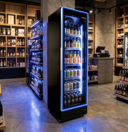 SIBERO Zwarte Horeca Koelkast 380 Liter met Glasdeur en Blauwe LED – Digitaal Temperatuurdisplay