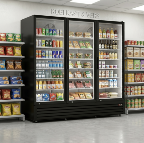 SIBERO Horeca Koelkast 1200L – 3 Deurs – Geventileerd – Glasdeuren – Zwart Buiten / Wit Binnen – 1680×590×1995 mm