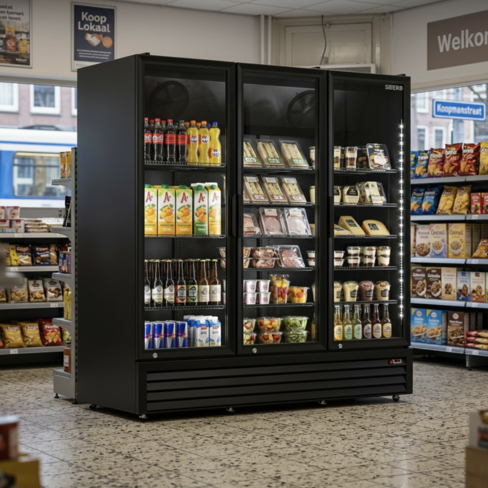 SIBERO Horeca Koelkast 1200L – 3 Deurs – Geventileerd – Glasdeuren – Zwart (Binnen & Buiten) – 1680×590×1995 mm