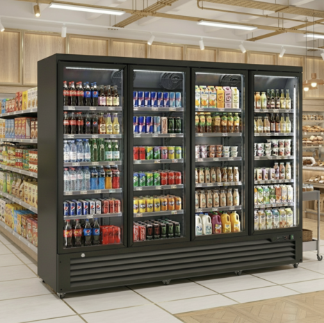 SIBERO Supermarkt Koelkast 2159L – 4 Deurs – Geventileerde Koeling – Glasdeuren – Zwart – 2508×710×2030 mm SIBERO Supermarkt Koelkast 2159L – 4 Deurs – Geventileerde Koeling – Glasdeuren – Zwart – 2508×710×2030 mm