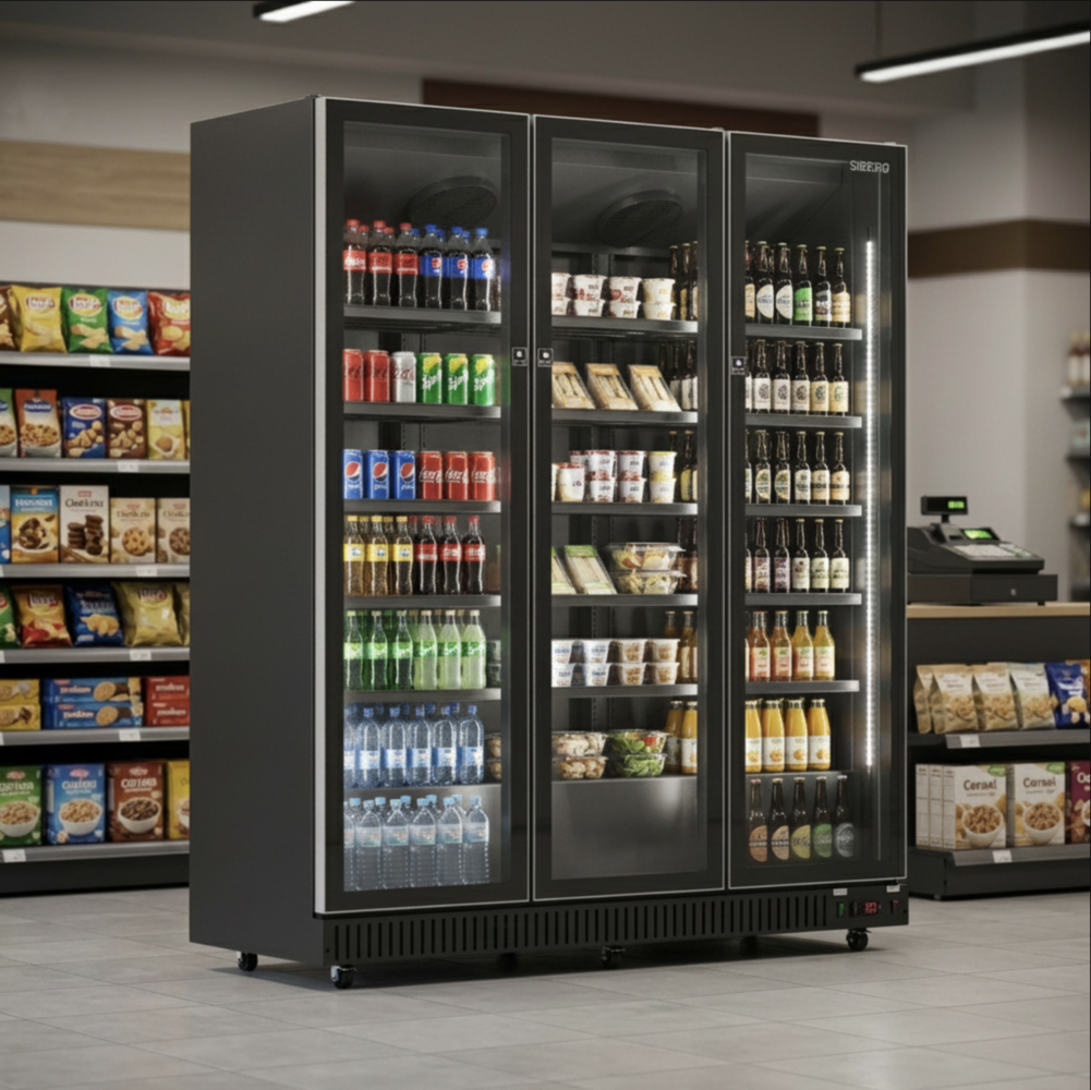 SIBERO Horeca Koelkast 1280L – 3 Deurs – Glasdeuren – Zwart (Binnen & Buiten) – 1680×635×1995 mm