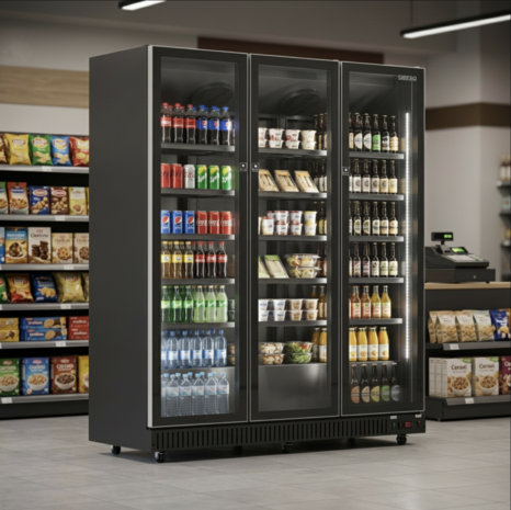 SIBERO Horeca Koelkast 1280L – 3 Deurs – Glasdeuren – Zwart (Binnen & Buiten) – 1680×635×1995 mm