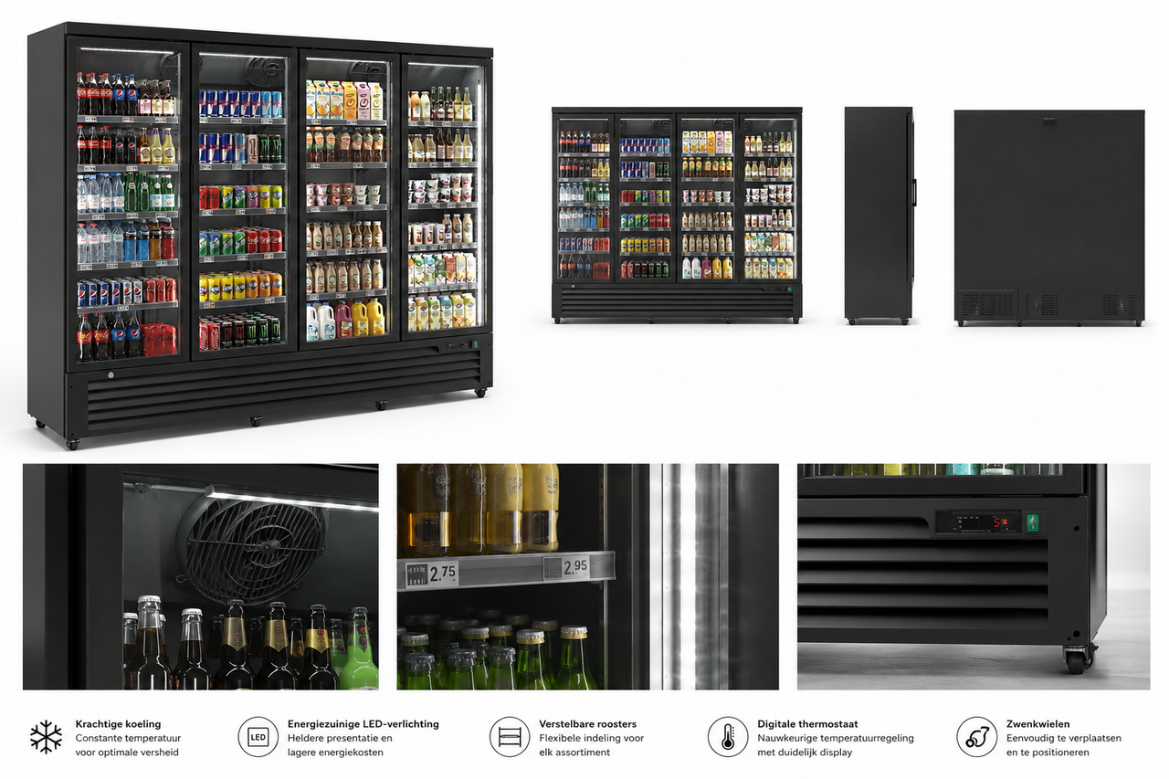 SIBERO Supermarkt Koelkast 2159L – 4 Deurs – Geventileerde Koeling – Glasdeuren – Zwart – 2508×710×2030 mm SIBERO Supermarkt Koelkast 2159L – 4 Deurs – Geventileerde Koeling – Glasdeuren – Zwart – 2508×710×2030 mm