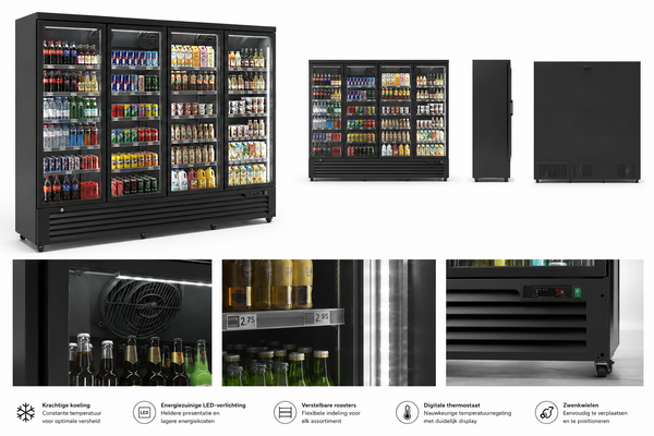 SIBERO Supermarkt Koelkast 2159L – 4 Deurs – Geventileerde Koeling – Glasdeuren – Zwart – 2508×710×2030 mm SIBERO Supermarkt Koelkast 2159L – 4 Deurs – Geventileerde Koeling – Glasdeuren – Zwart – 2508×710×2030 mm
