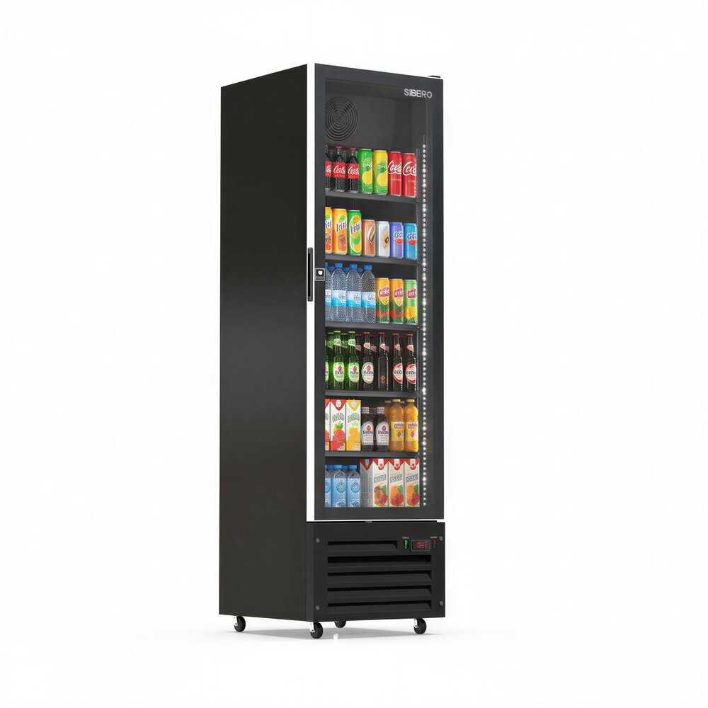 SIBERO Luxe Display Koelkast 380L – 1 Deurs – Geforceerde Koeling – Glasdeur – Zwart – 540×580×1900 mm SIBERO Luxe Display Koelkast 380L – 1 Deurs – Geforceerde Koeling – Glasdeur – Zwart – 540×580×1900 mm