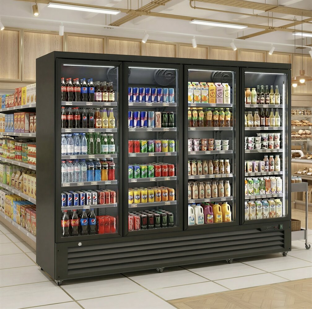 SIBERO Supermarkt Koelkast 2159L – 4 Deurs – Geventileerde Koeling – Glasdeuren – Zwart – 2508×710×2030 mm SIBERO Supermarkt Koelkast 2159L – 4 Deurs – Geventileerde Koeling – Glasdeuren – Zwart – 2508×710×2030 mm