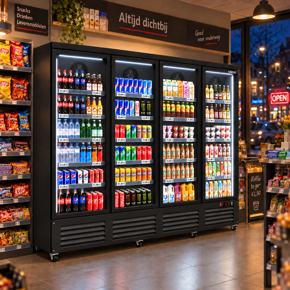SIBERO Supermarkt Koelkast 2159 Liter – 4 Glasdeuren – Ledverlichting – Zwart