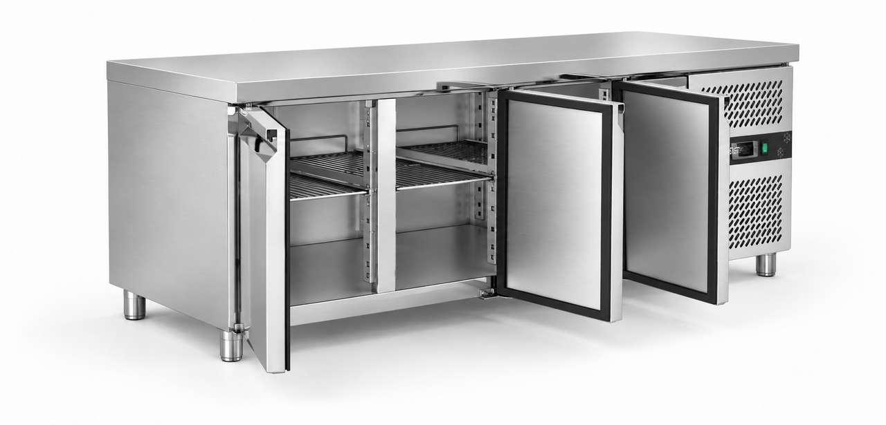 SIBERO RVS Koelwerkbank 3-Deurs – 465 Liter – Werkblad 1795 x 700 mm – Dixell-Thermostaat – Professionele Horeca