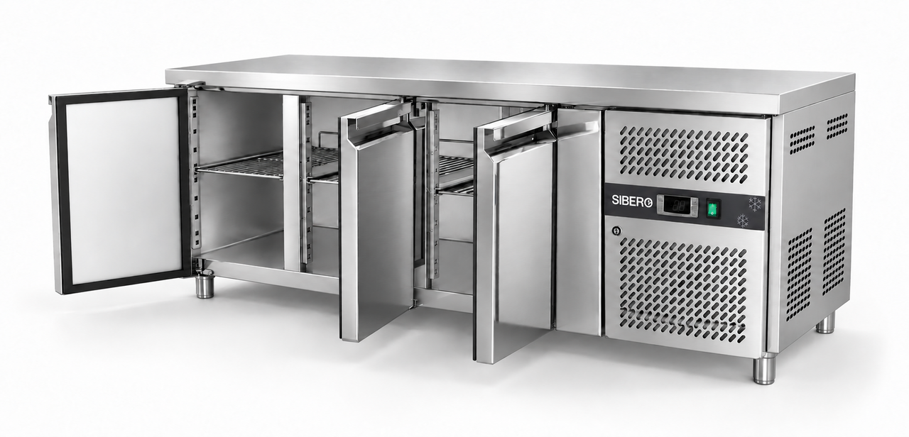 SIBERO RVS Koelwerkbank 3-Deurs – 465 Liter – Werkblad 1795 x 700 mm – Dixell-Thermostaat – Professionele Horeca