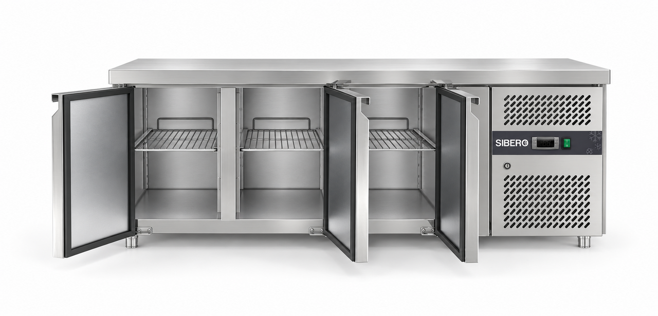 SIBERO RVS Koelwerkbank 3-Deurs – 465 Liter – Werkblad 1795 x 700 mm – Dixell-Thermostaat – Professionele Horeca