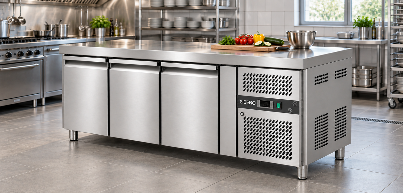 SIBERO RVS Koelwerkbank 3-Deurs – 465 Liter – Werkblad 1795 x 700 mm – Dixell-Thermostaat – Professionele Horeca