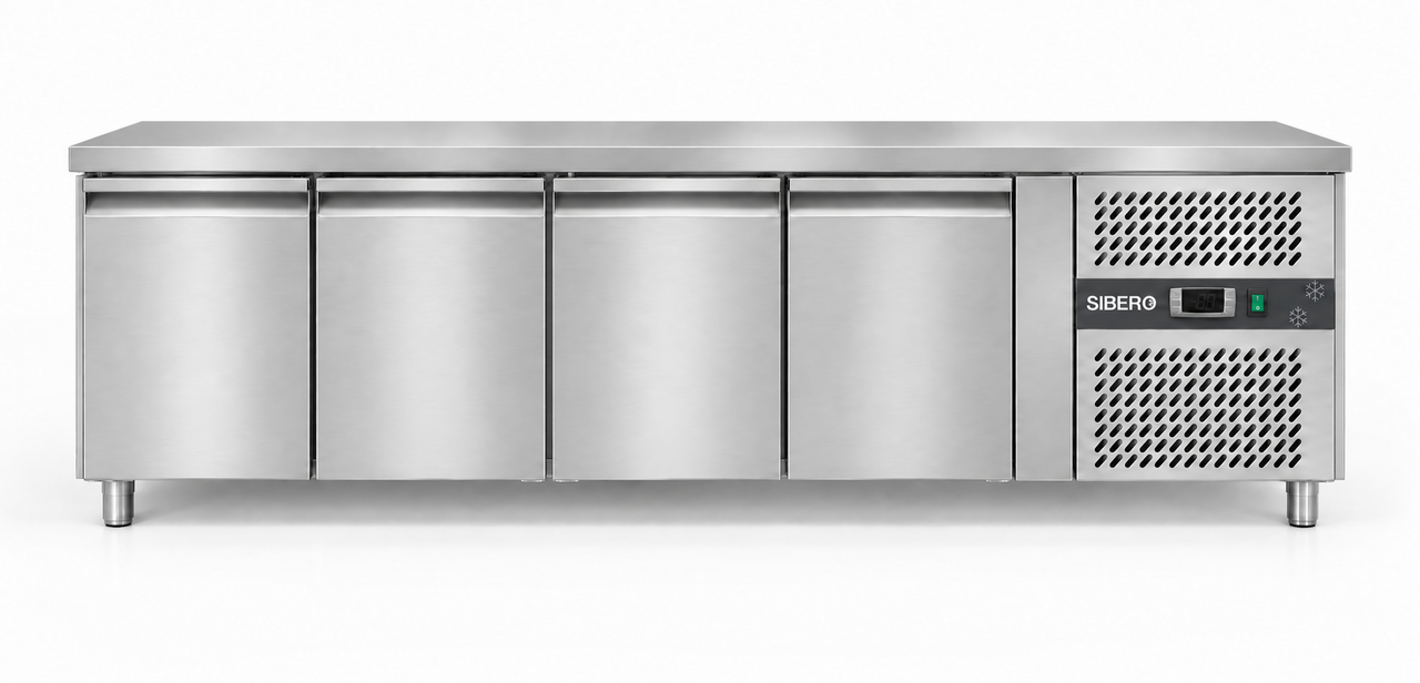 SIBERO Horeca Koelwerkbank 4-Deurs – RVS – 616 Liter – Werkblad 2230 x 700 mm – Dixell-Thermostaat