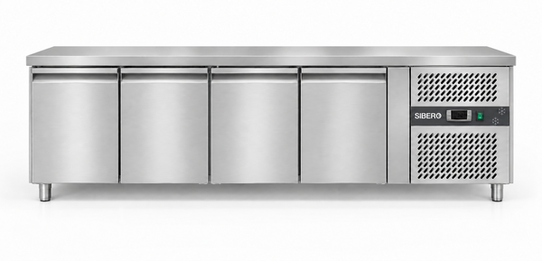 SIBERO Horeca Koelwerkbank 4-Deurs – RVS – 616 Liter – Werkblad 2230 x 700 mm – Dixell-Thermostaat