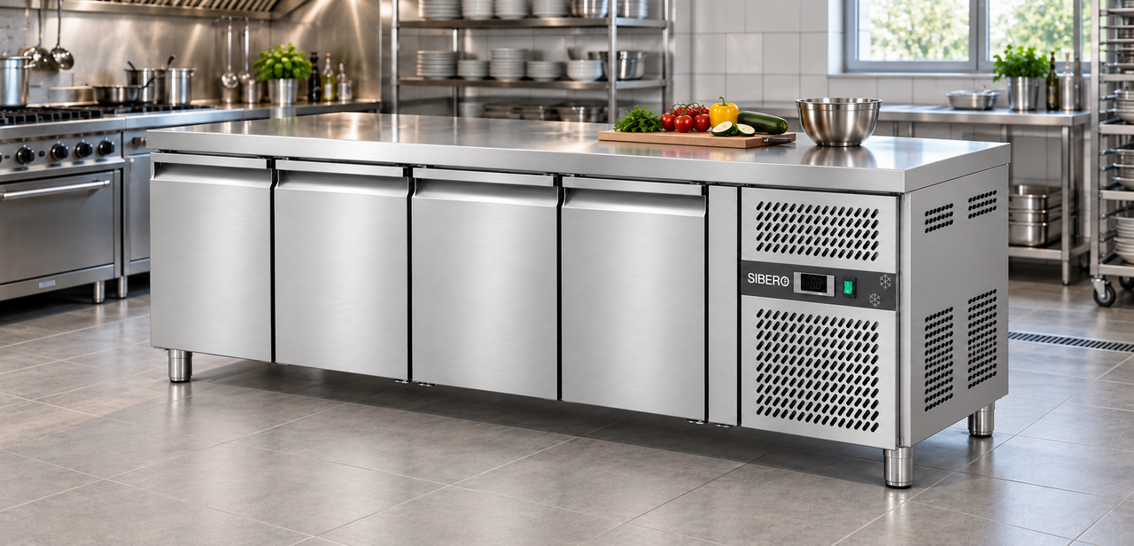 SIBERO Horeca Koelwerkbank 4-Deurs – RVS – 616 Liter – Werkblad 2230 x 700 mm – Dixell-Thermostaat