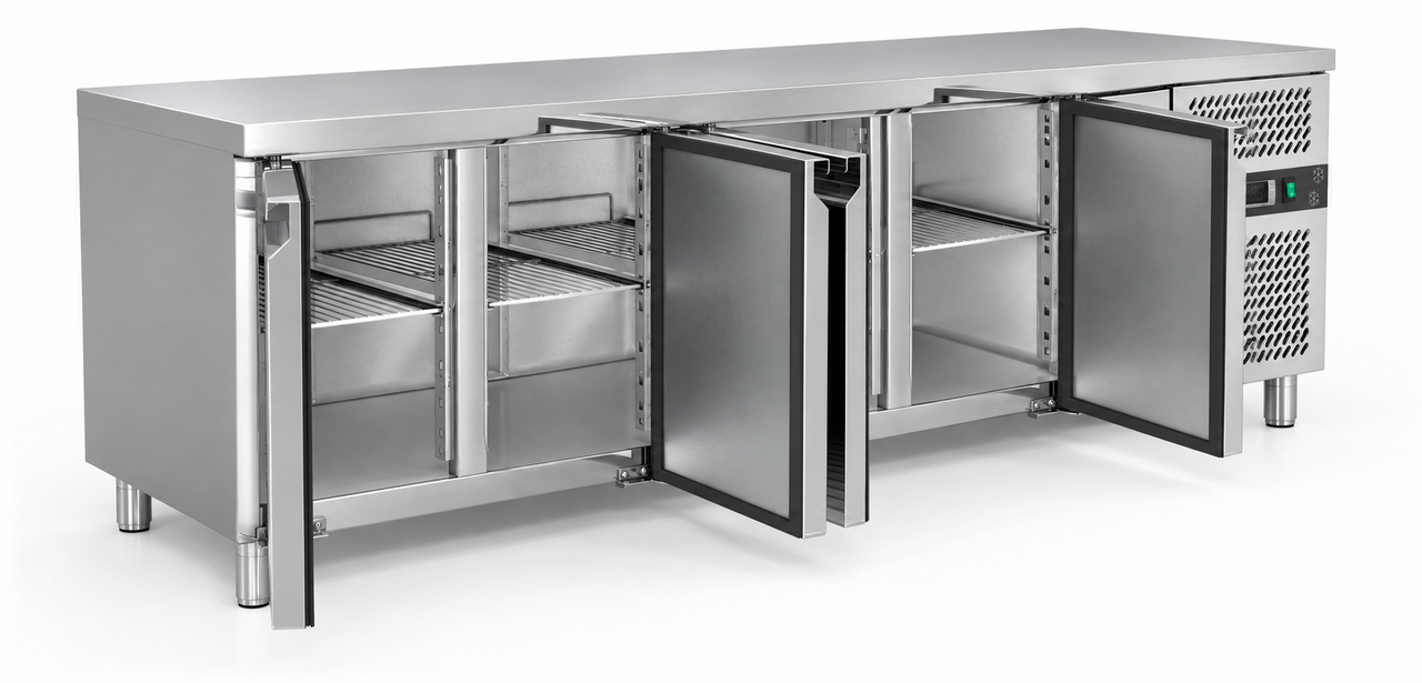 SIBERO Horeca Koelwerkbank 4-Deurs – RVS – 616 Liter – Werkblad 2230 x 700 mm – Dixell-Thermostaat