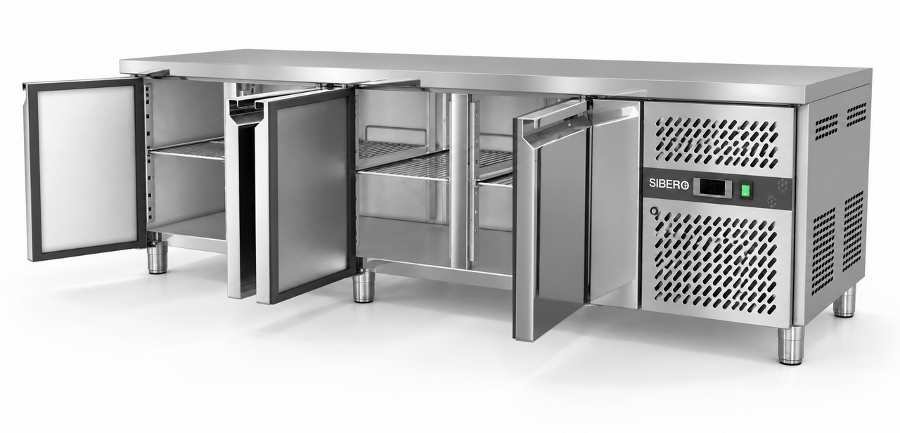 SIBERO Horeca Koelwerkbank 4-Deurs – RVS – 616 Liter – Werkblad 2230 x 700 mm – Dixell-Thermostaat