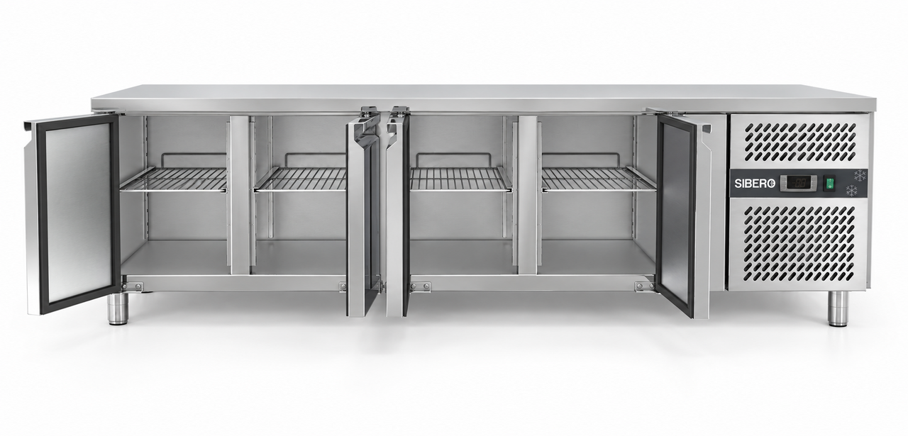 SIBERO Horeca Koelwerkbank 4-Deurs – RVS – 616 Liter – Werkblad 2230 x 700 mm – Dixell-Thermostaat