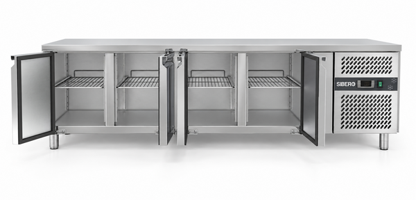 SIBERO Horeca Koelwerkbank 4-Deurs – RVS – 616 Liter – Werkblad 2230 x 700 mm – Dixell-Thermostaat