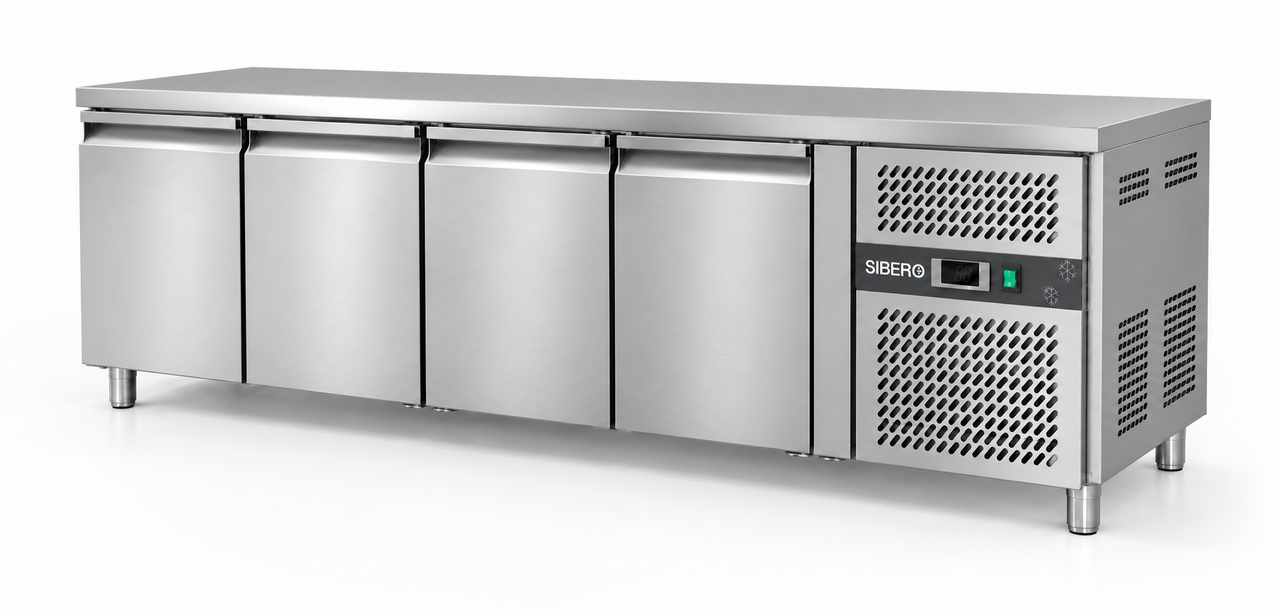 SIBERO Horeca Koelwerkbank 4-Deurs – RVS – 616 Liter – Werkblad 2230 x 700 mm – Dixell-Thermostaat