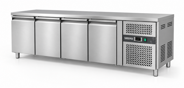 SIBERO Horeca Koelwerkbank 4-Deurs – RVS – 616 Liter – Werkblad 2230 x 700 mm – Dixell-Thermostaat