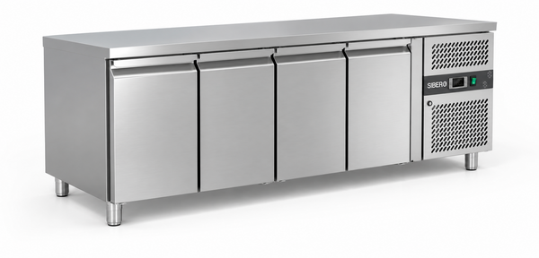 SIBERO Horeca Koelwerkbank 4-Deurs – RVS – 616 Liter – Werkblad 2230 x 700 mm – Dixell-Thermostaat